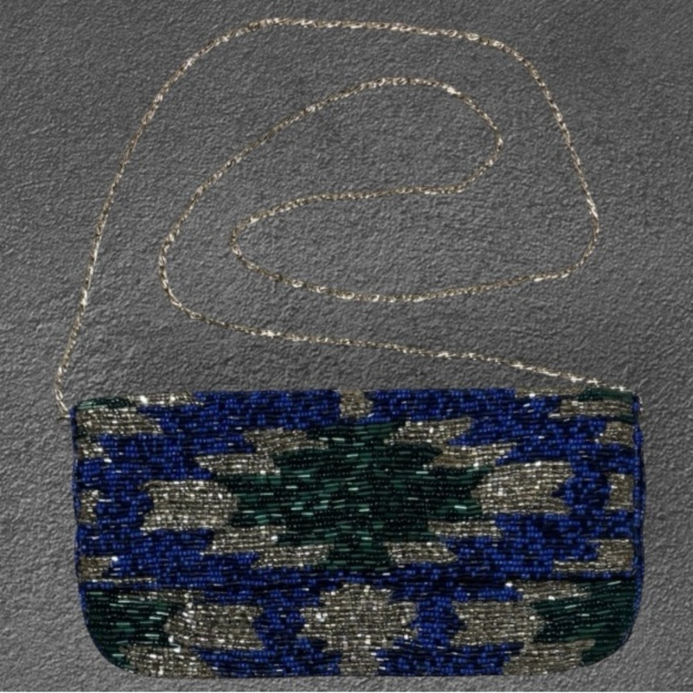 Vintage Beaded Clutch Crossbody Purse Formal Bag Blue Green Metallic Silver - Picture 16 of 16